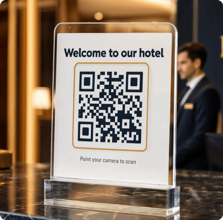 ป้าย QR ต้อนรับที่แผนกต้อนรับโรงแรม